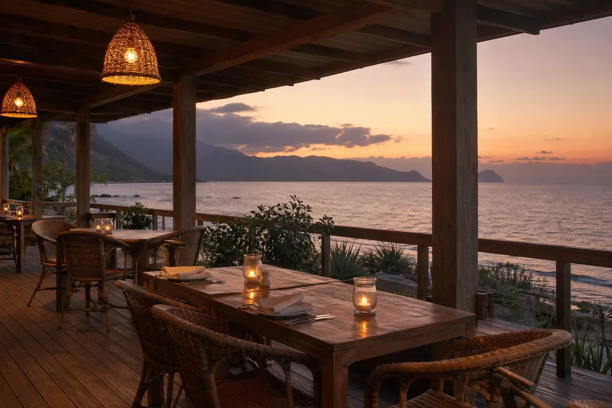 Open-air deck at sunset