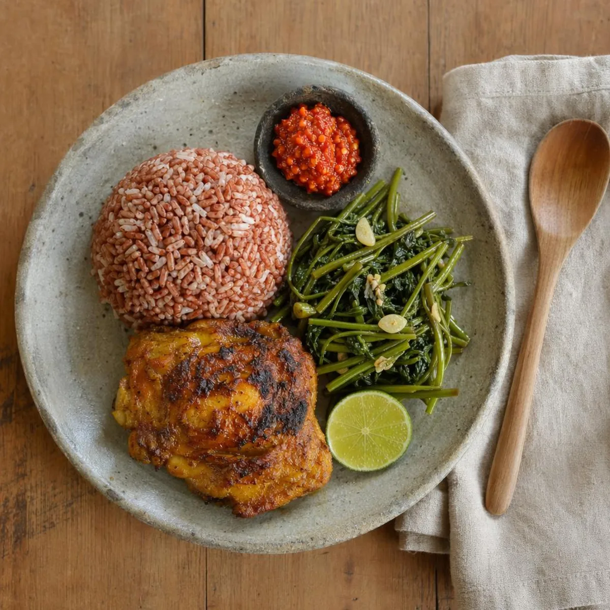 Traditional Timorese meal — red rice, chicken, greens